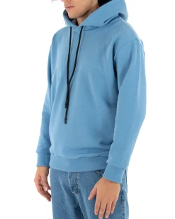 Felpa Con Cappuccio Uomo Basic Tinta Unita Azzurro Comoda Relaxed Fit Garzata Leggera GIOSAL-F2870A