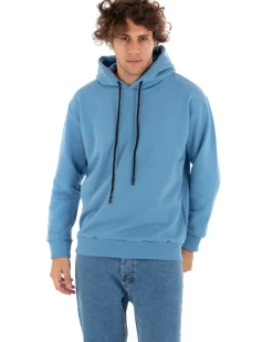 Felpa Con Cappuccio Uomo Basic Tinta Unita Azzurro Comoda Relaxed Fit Garzata Leggera GIOSAL-F2870A