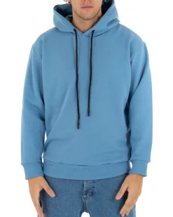 Felpa Con Cappuccio Uomo Basic Tinta Unita Azzurro Comoda Relaxed Fit Garzata Leggera GIOSAL-F2870A