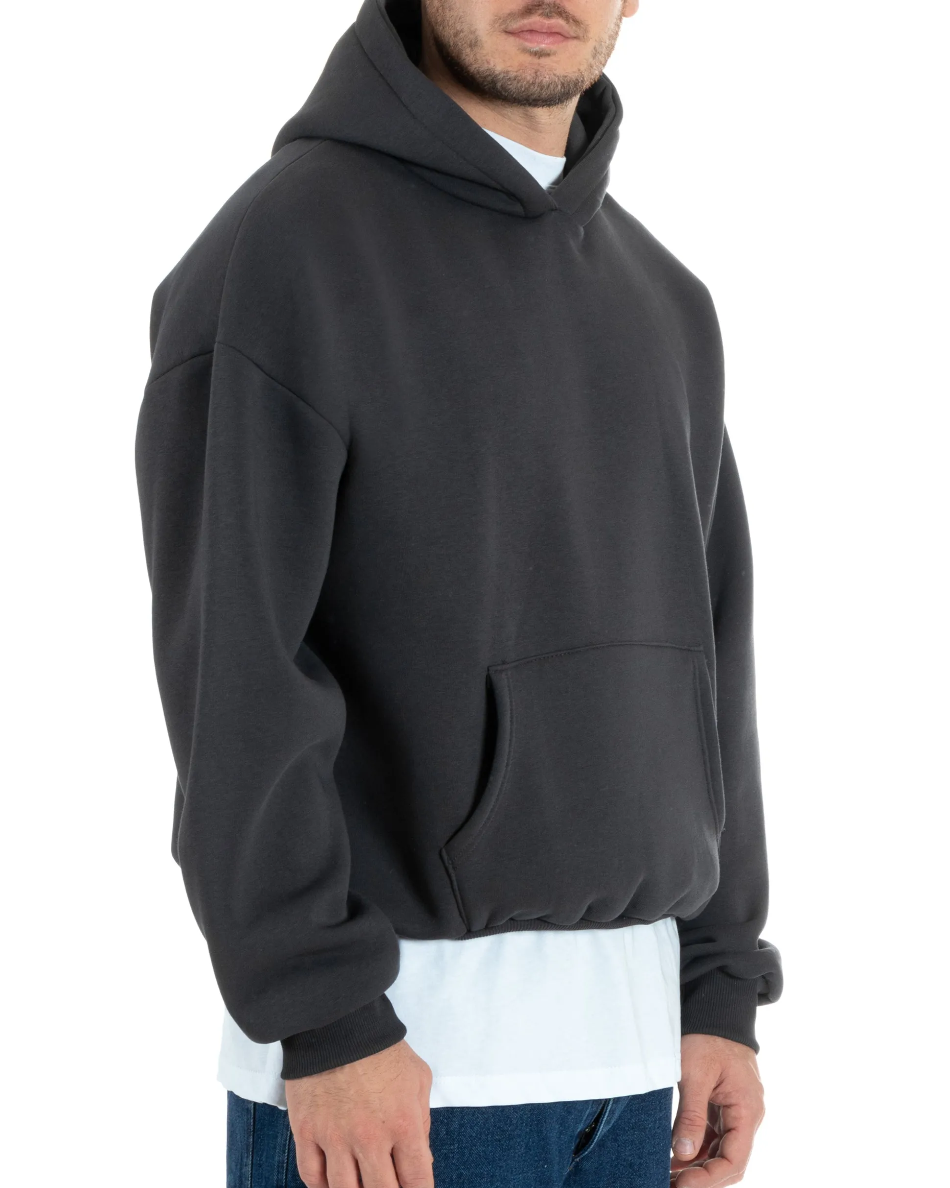 Felpa Con Cappuccio Uomo Boxy Fit Basic Felpata Comoda Piombo F2995A