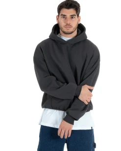 Felpa Con Cappuccio Uomo Boxy Fit Basic Felpata Comoda Piombo F2995A