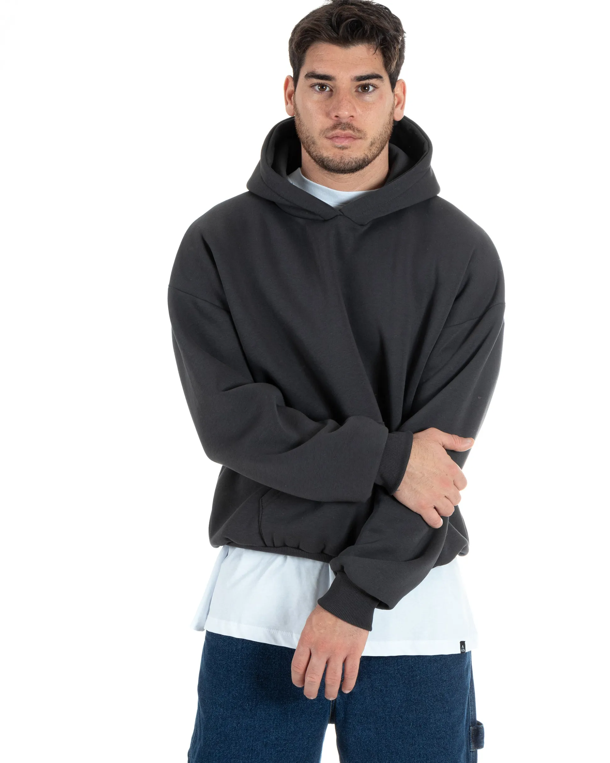 Felpa Con Cappuccio Uomo Boxy Fit Basic Felpata Comoda Piombo F2995A