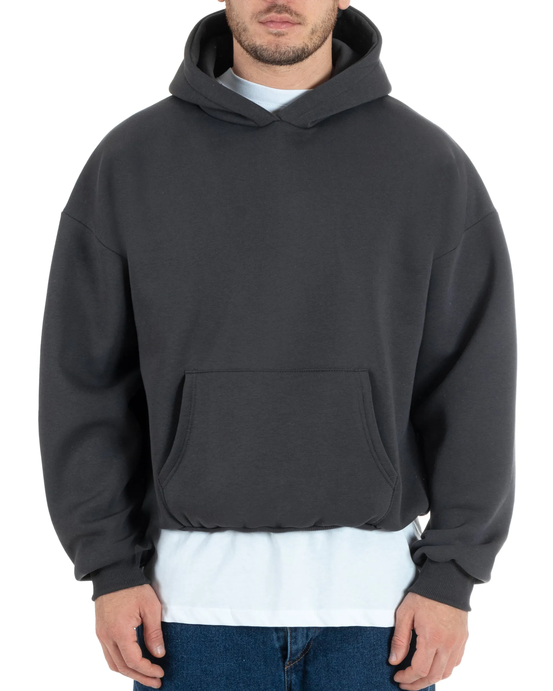 Felpa Con Cappuccio Uomo Boxy Fit Basic Felpata Comoda Piombo F2995A