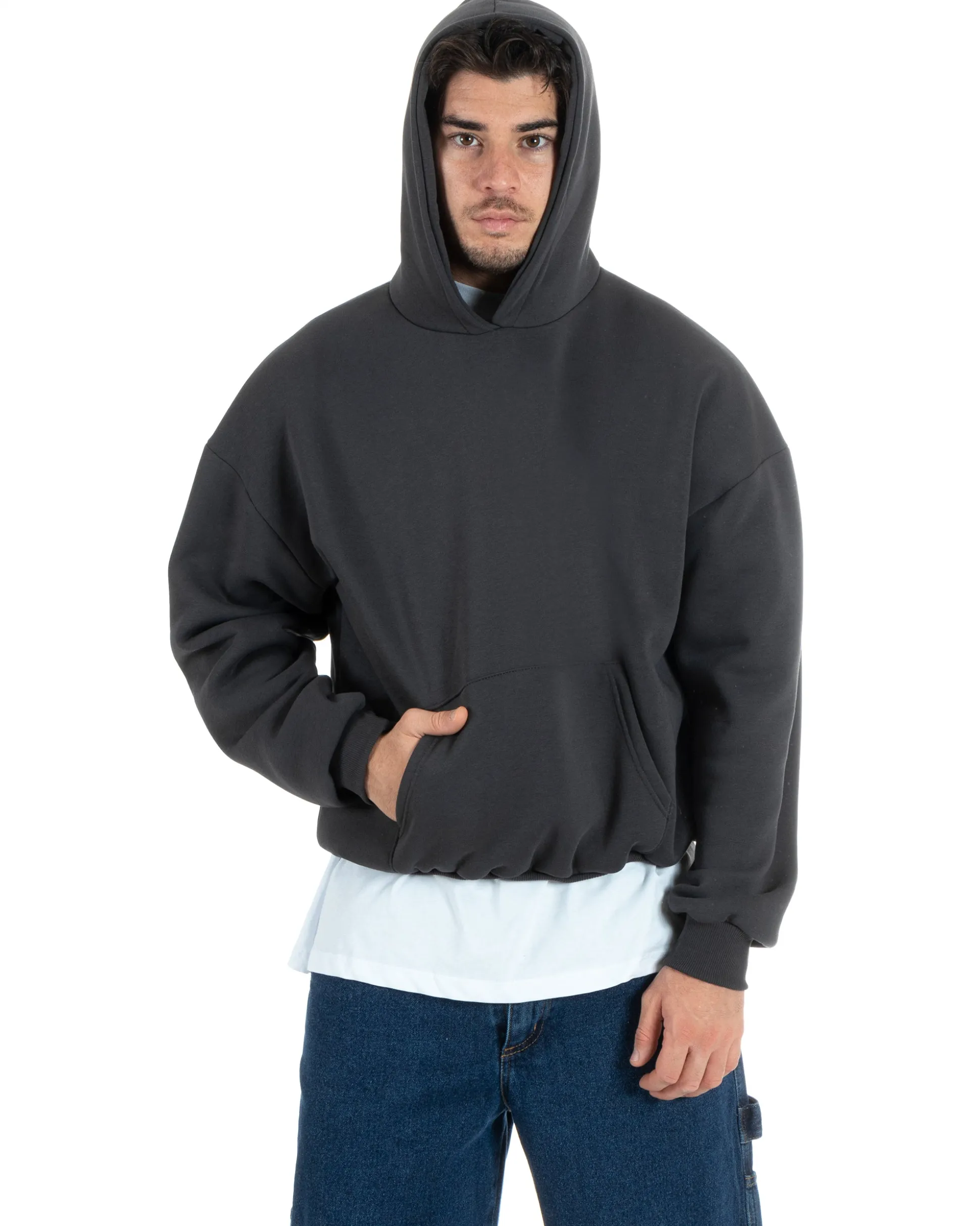Felpa Con Cappuccio Uomo Boxy Fit Basic Felpata Comoda Piombo F2995A