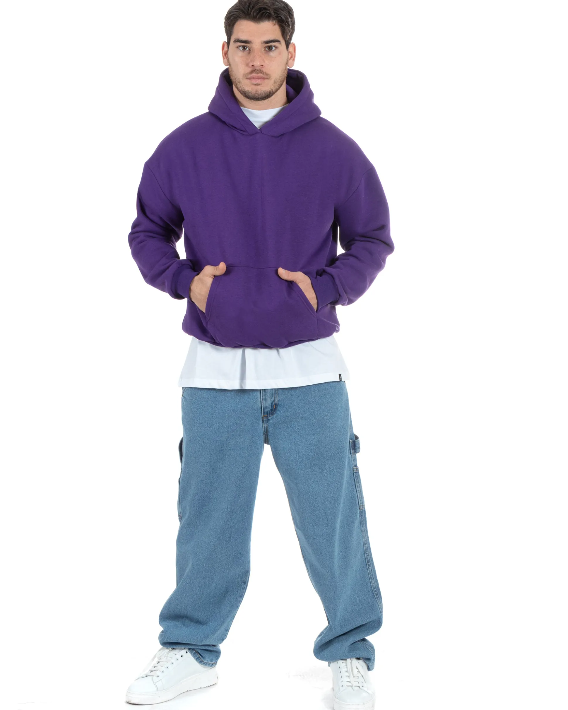 Felpa Con Cappuccio Uomo Boxy Fit Basic Felpata Comoda Viola F2997A