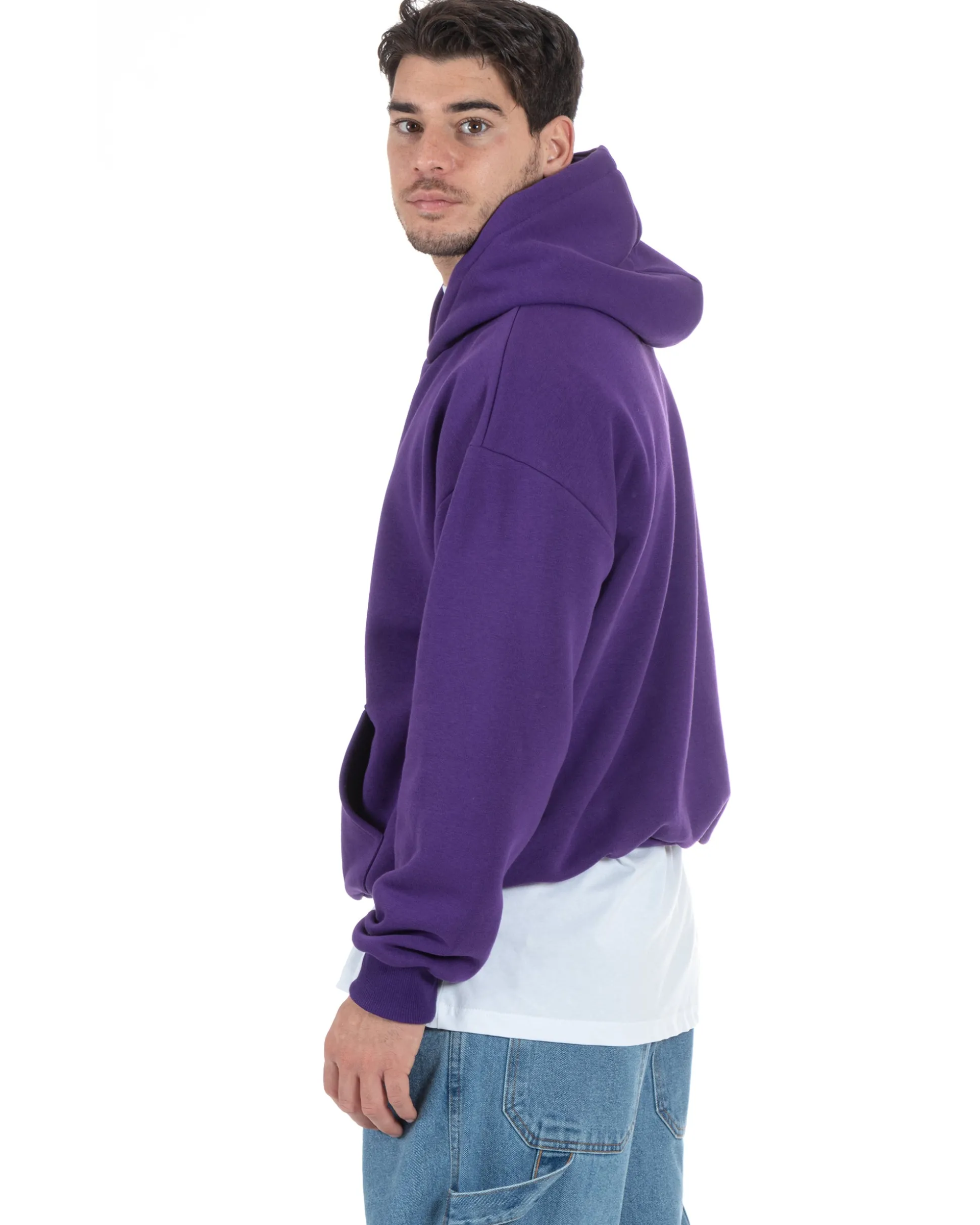Felpa Con Cappuccio Uomo Boxy Fit Basic Felpata Comoda Viola F2997A