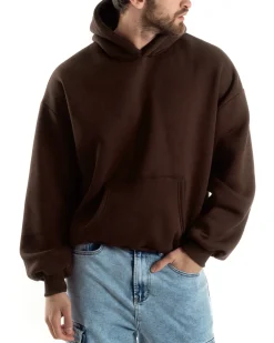 Felpa Con Cappuccio Uomo Boxy Fit Basic Felpata Comoda Marrone F3052A