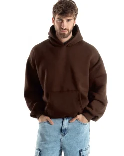 Felpa Con Cappuccio Uomo Boxy Fit Basic Felpata Comoda Marrone F3052A