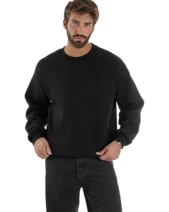 Felpa Girocollo Hoodie Boxy Fit Basic Felpata Nero F3055A