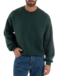 Felpa Girocollo Hoodie Boxy Fit Basic Felpata Verde F3057A