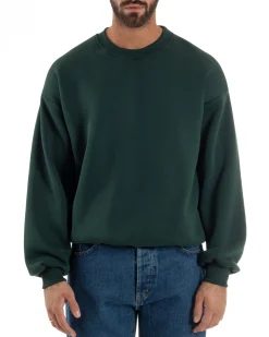 Felpa Girocollo Hoodie Boxy Fit Basic Felpata Verde F3057A