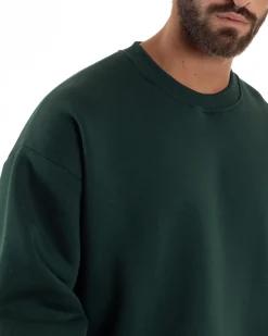 Felpa Girocollo Hoodie Boxy Fit Basic Felpata Verde F3057A