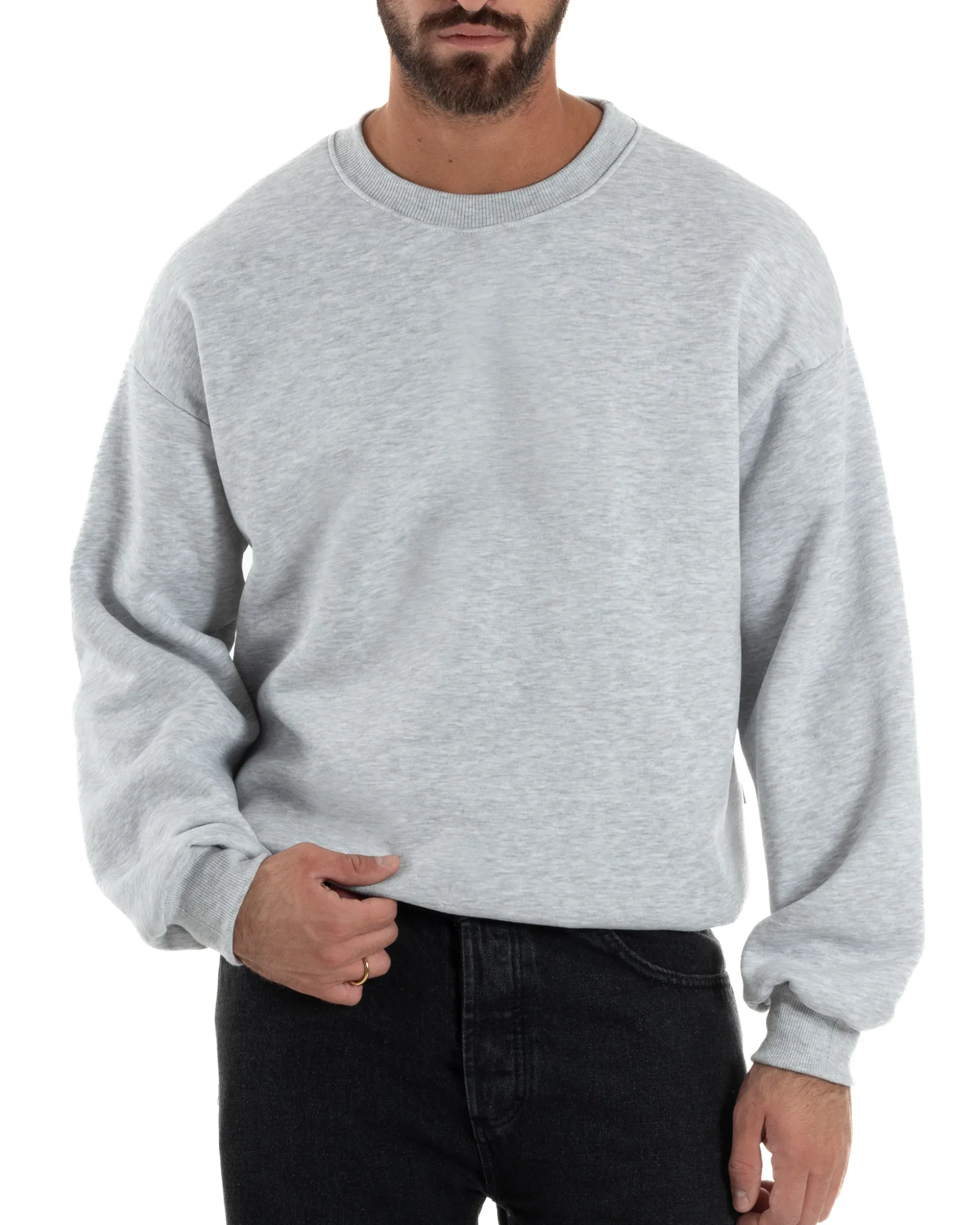 Felpa Girocollo Hoodie Boxy Fit Basic Felpata Grigio Chiaro F3053A