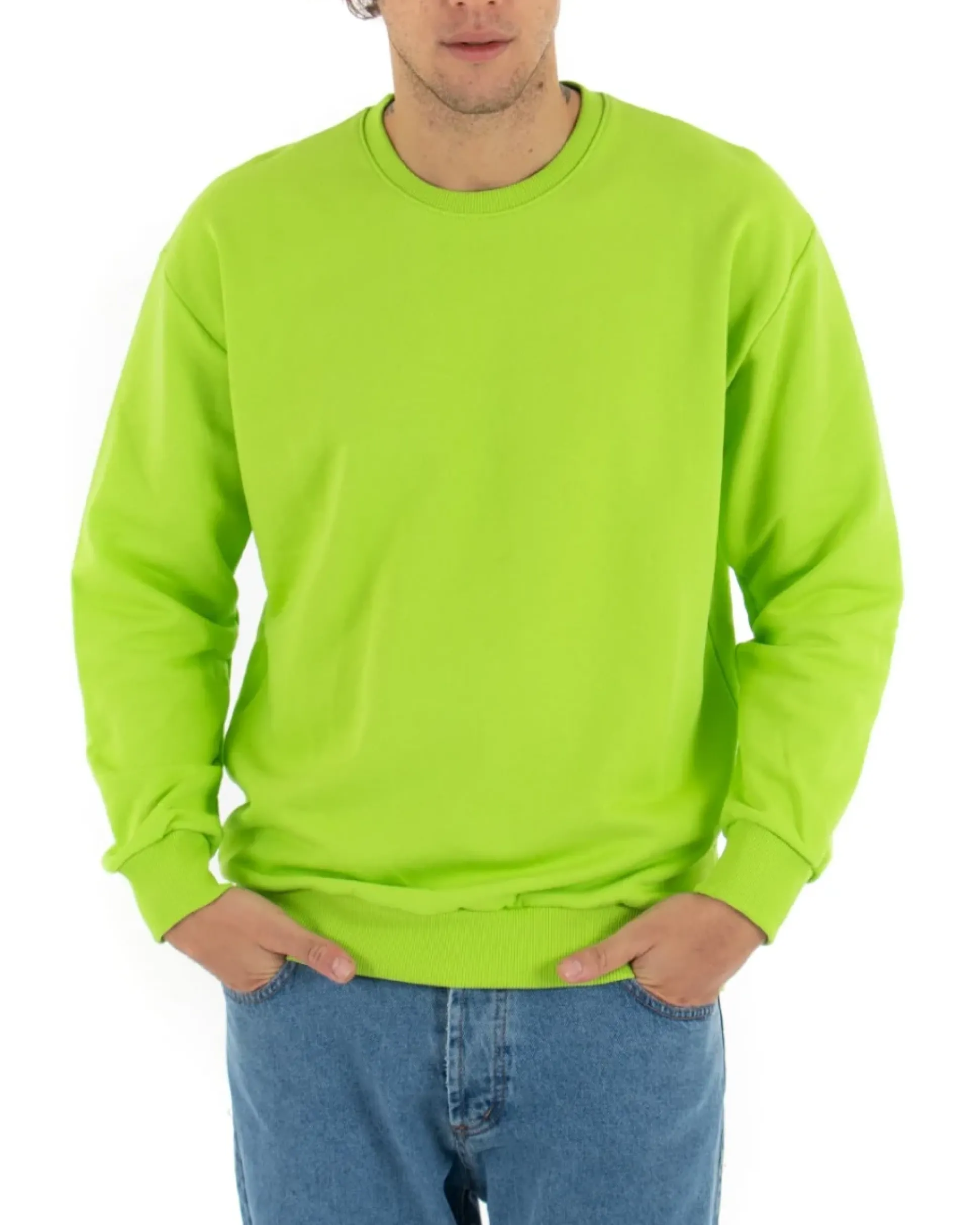 Felpa Girocollo Uomo Basic Tinta Unita Verde Acido Comoda Relaxed Fit Garzata Leggera GIOSAL-F2858A