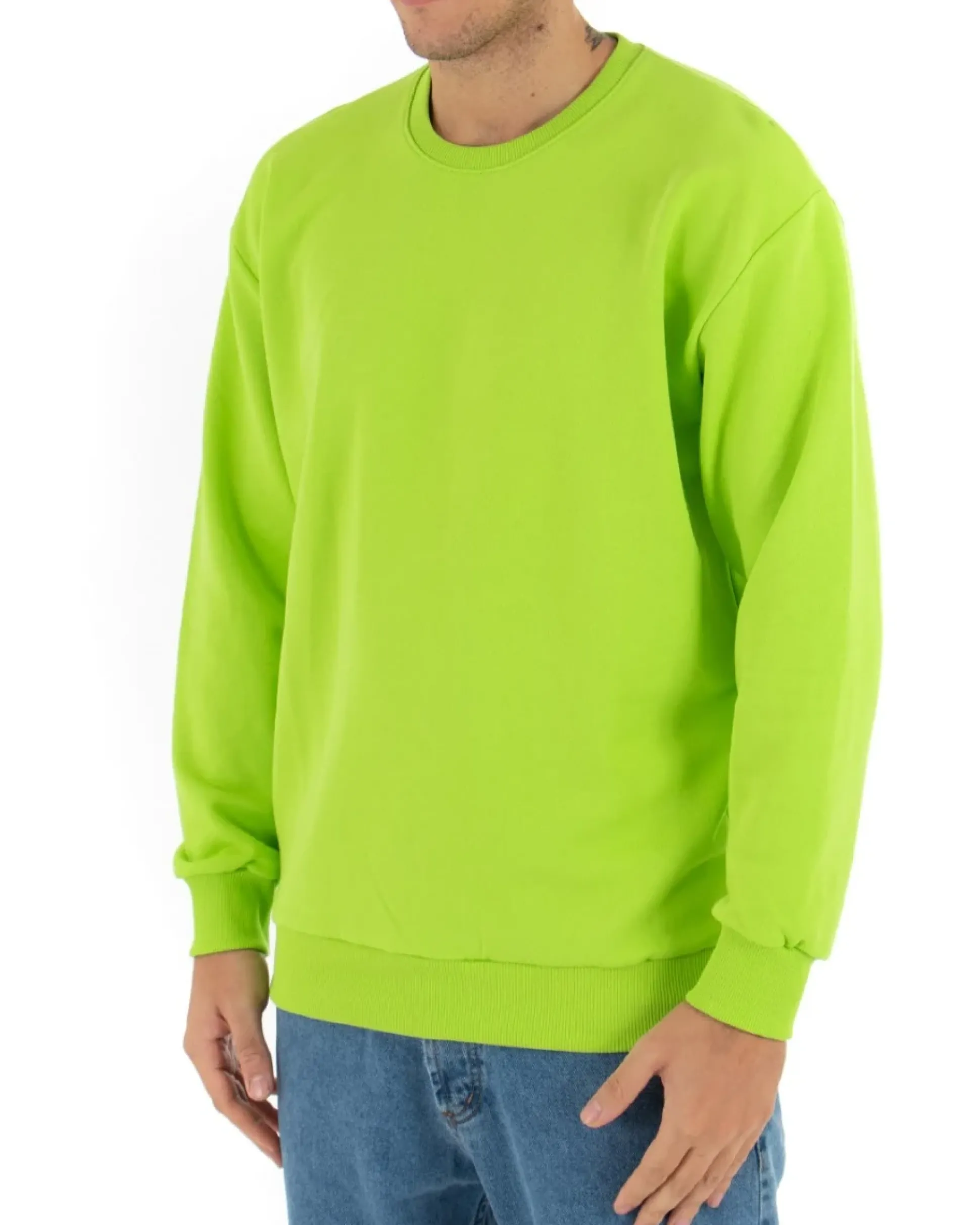 Felpa Girocollo Uomo Basic Tinta Unita Verde Acido Comoda Relaxed Fit Garzata Leggera GIOSAL-F2858A