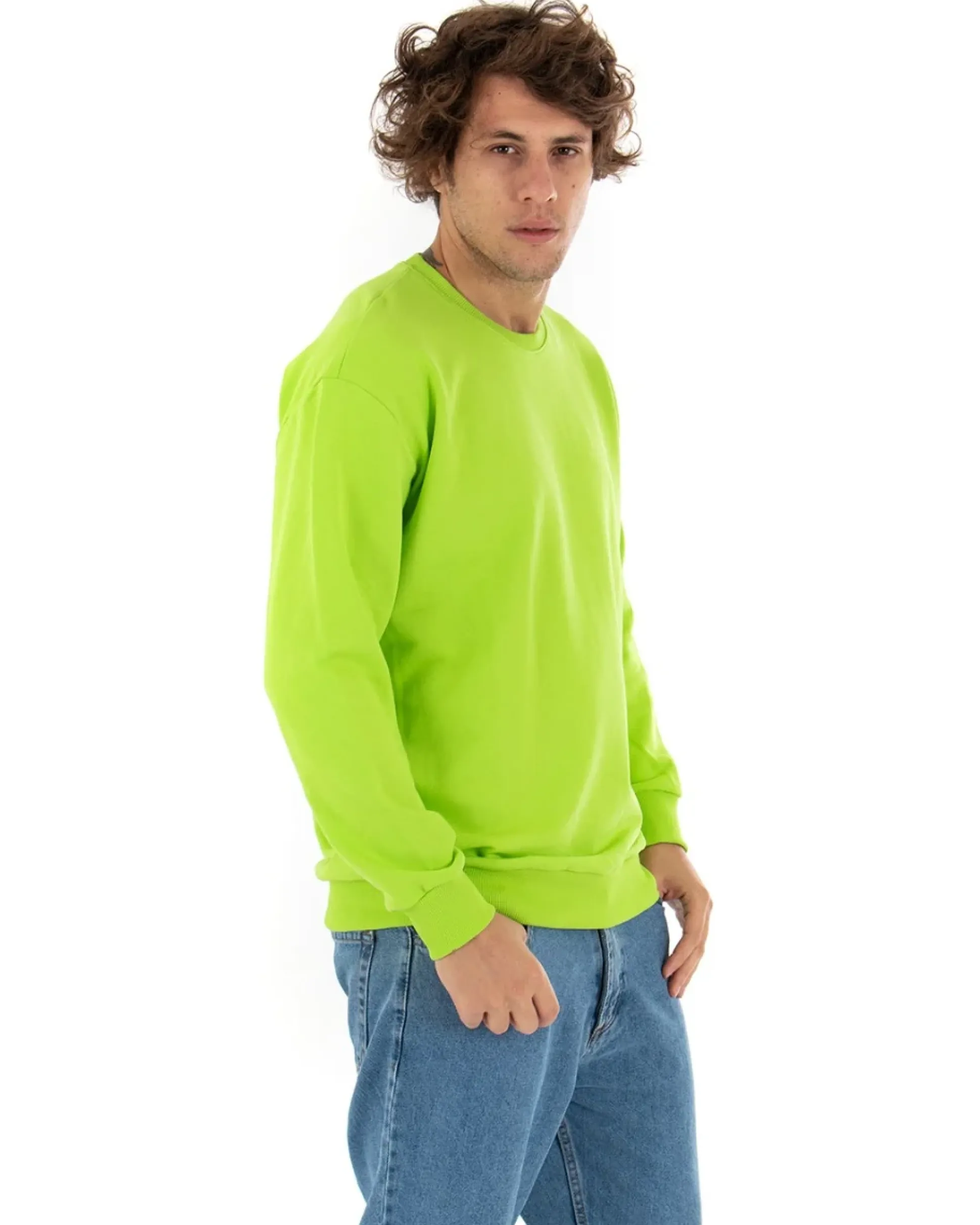 Felpa Girocollo Uomo Basic Tinta Unita Verde Acido Comoda Relaxed Fit Garzata Leggera GIOSAL-F2858A