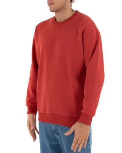 Felpa Girocollo Uomo Basic Tinta Unita Mattone Comoda Relaxed Fit Garzata Leggera GIOSAL-F2855A