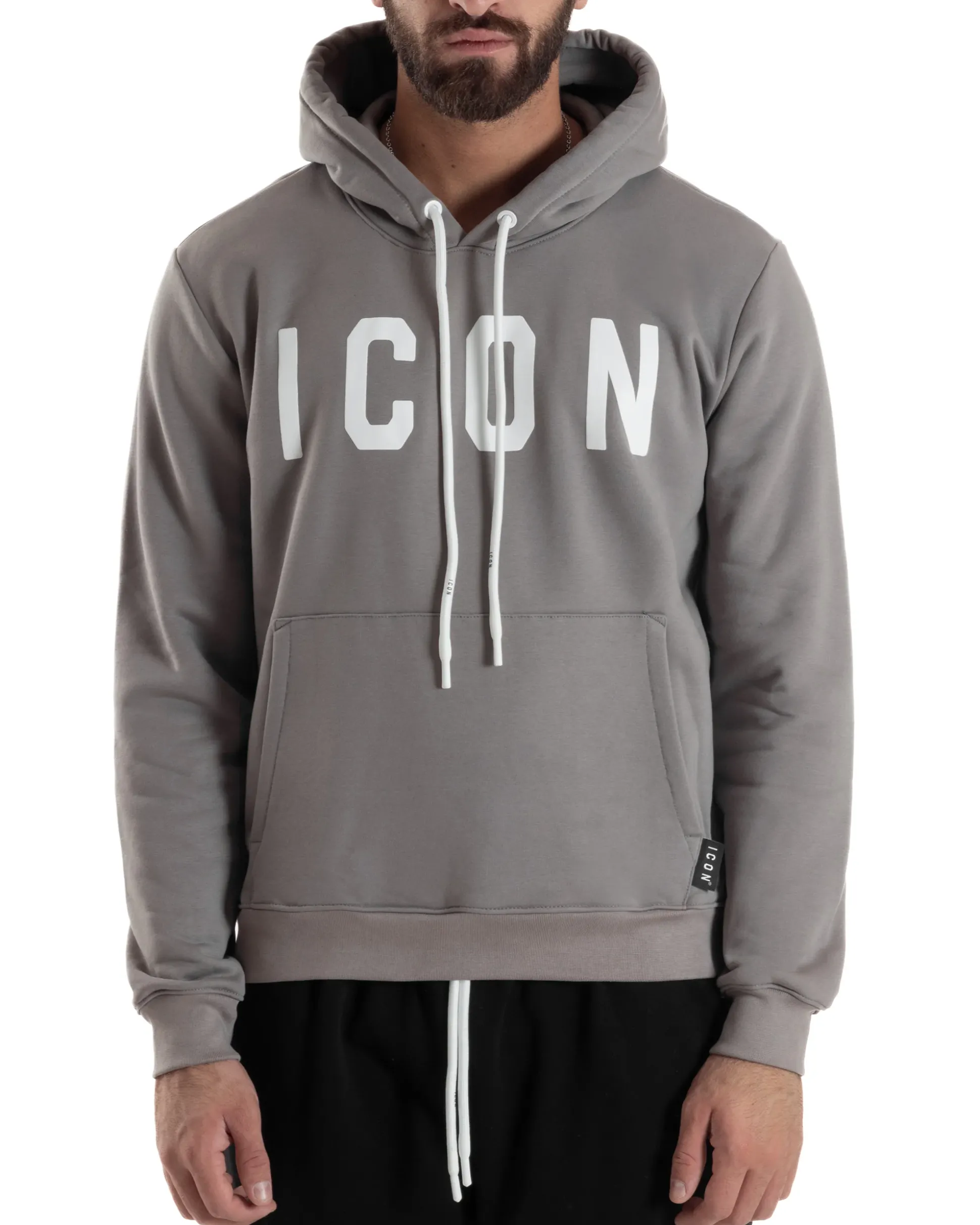 Felpa Uomo Cappuccio Marsupio Stampa Regular Fit Basic Grigio ICON ICUF2W6F005