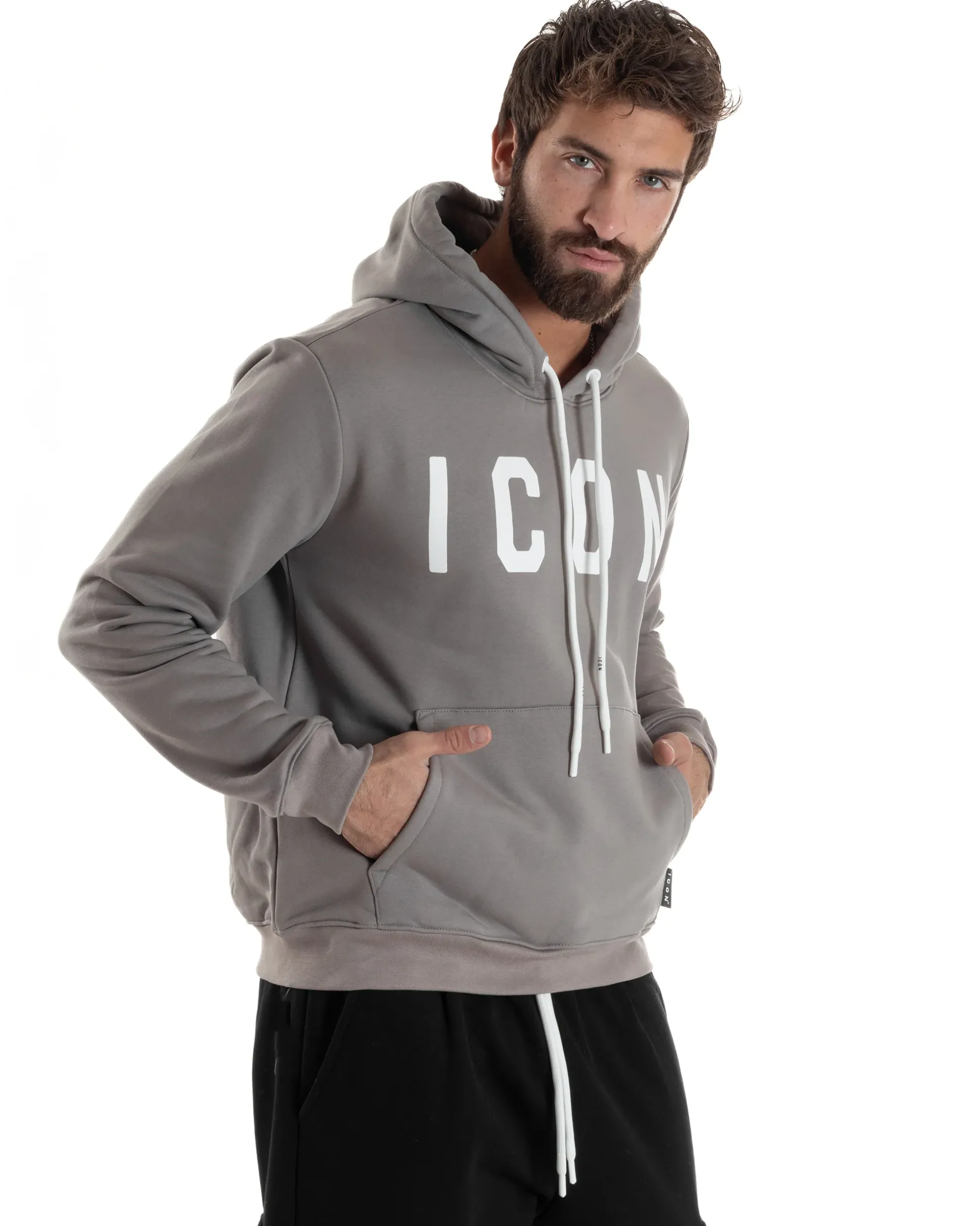 Felpa Uomo Cappuccio Marsupio Stampa Regular Fit Basic Grigio ICON ICUF2W6F005