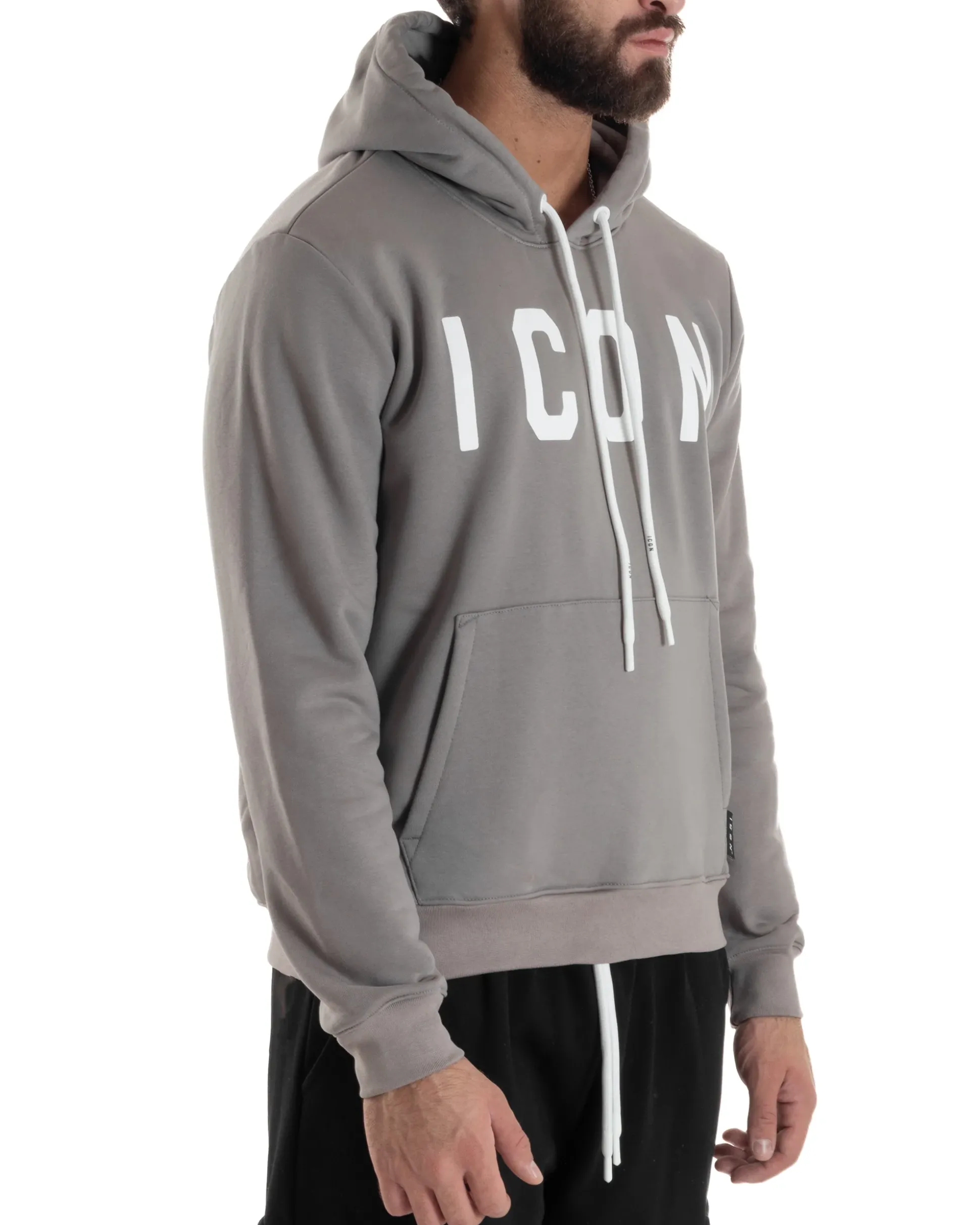 Felpa Uomo Cappuccio Marsupio Stampa Regular Fit Basic Grigio ICON ICUF2W6F005