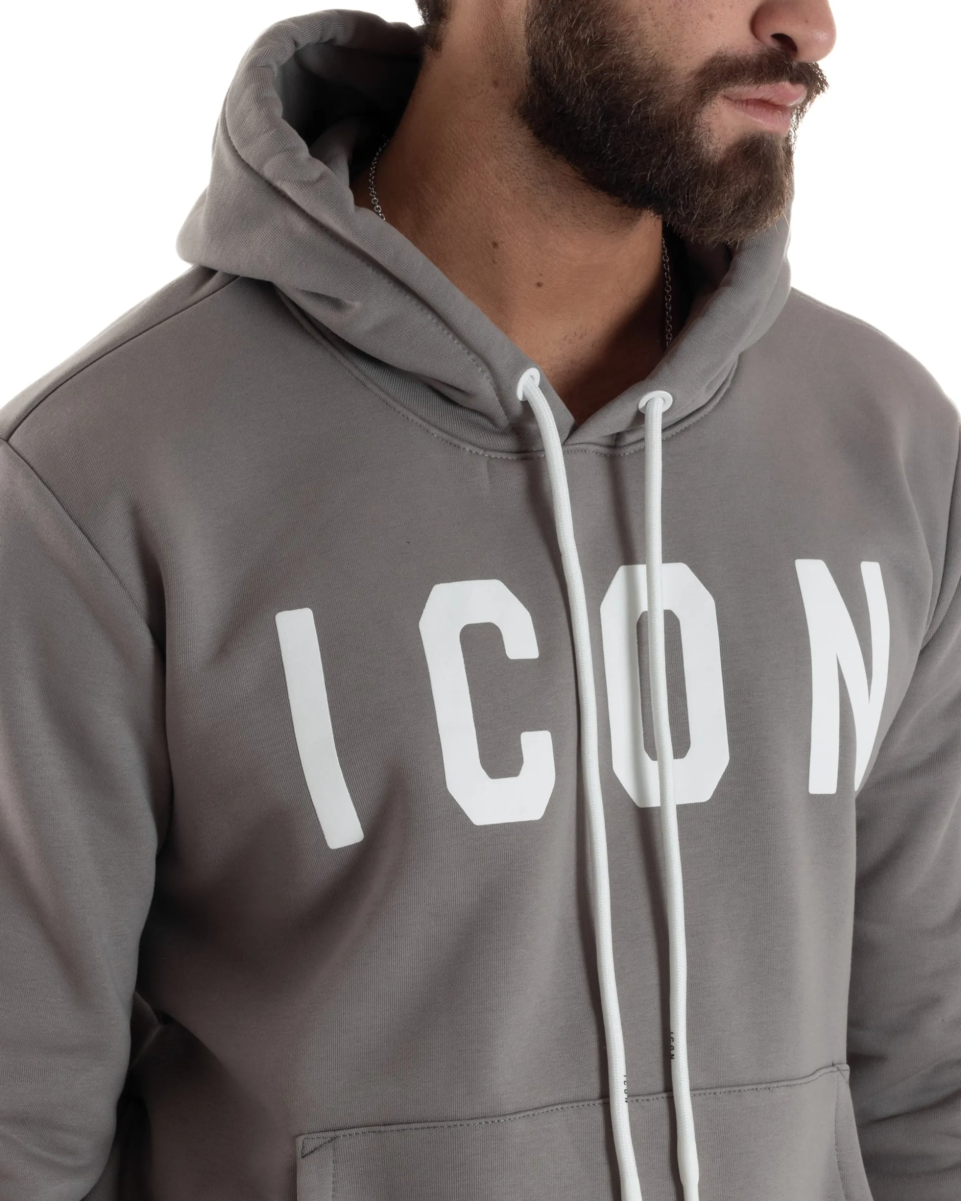 Felpa Uomo Cappuccio Marsupio Stampa Regular Fit Basic Grigio ICON ICUF2W6F005