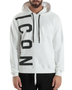 Felpa Uomo Cappuccio Stampa Scritta Casual Regular Fit Basic Bianco ICON ICUF2W6F003