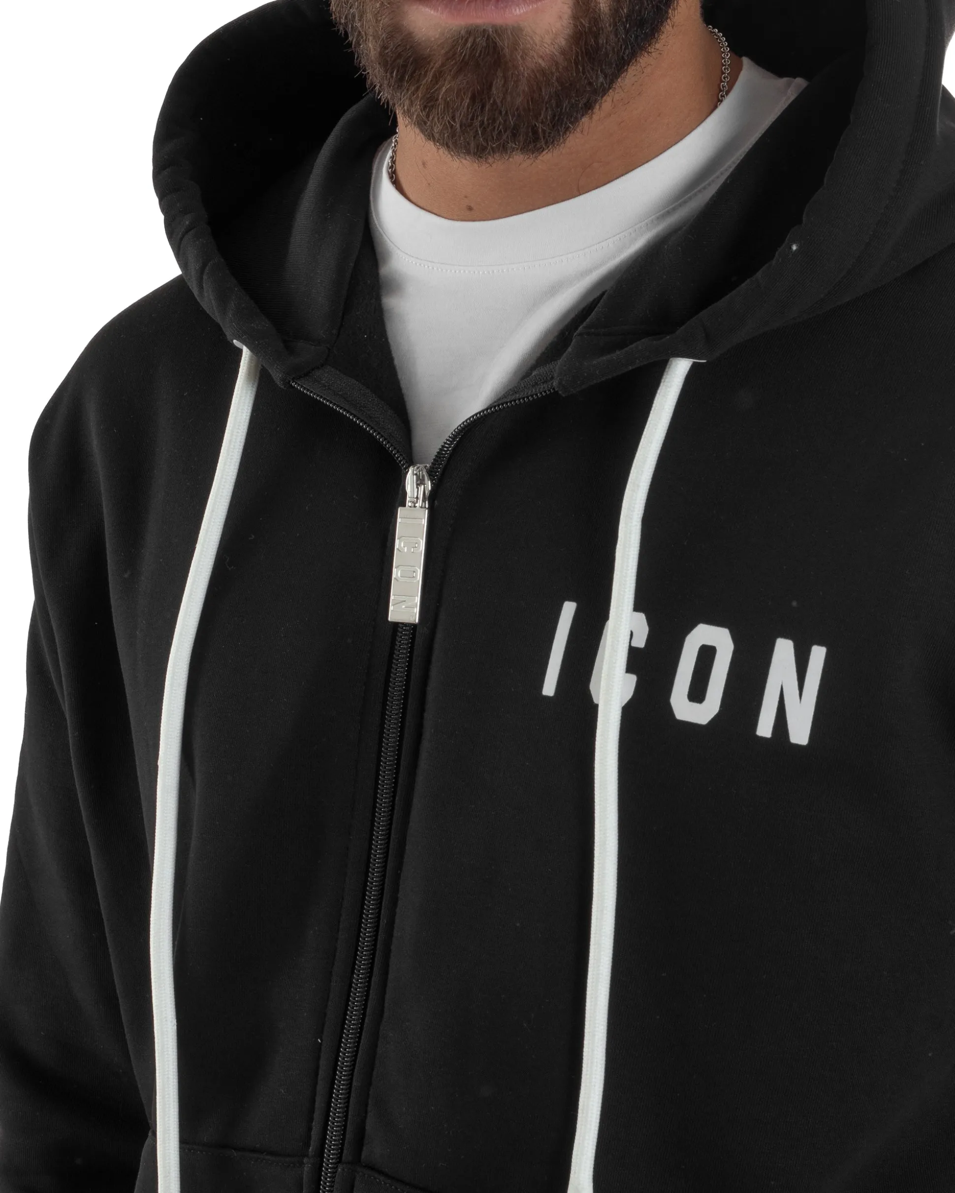Felpa Uomo Cappuccio Zip Marsupio Stampa Regular Fit Basic Nero ICON ICUF2W6F007