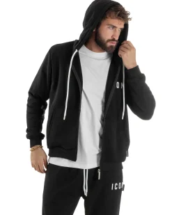 Felpa Uomo Cappuccio Zip Marsupio Stampa Regular Fit Basic Nero ICON ICUF2W6F007