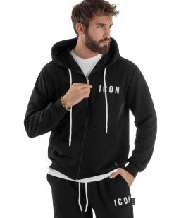 Felpa Uomo Cappuccio Zip Marsupio Stampa Regular Fit Basic Nero ICON ICUF2W6F007
