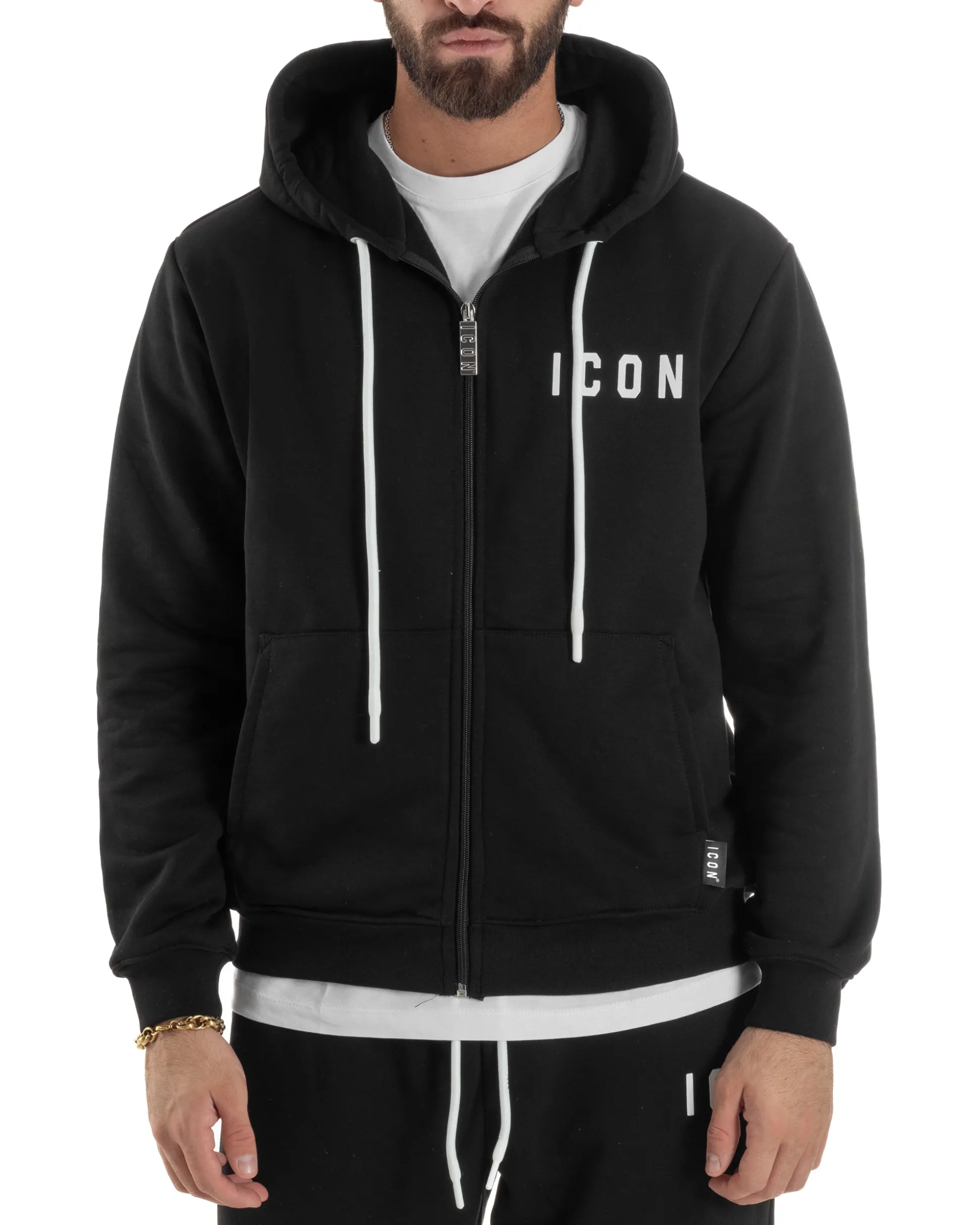 Felpa Uomo Cappuccio Zip Marsupio Stampa Regular Fit Basic Nero ICON ICUF2W6F007