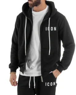 Felpa Uomo Cappuccio Zip Marsupio Stampa Regular Fit Basic Nero ICON ICUF2W6F007