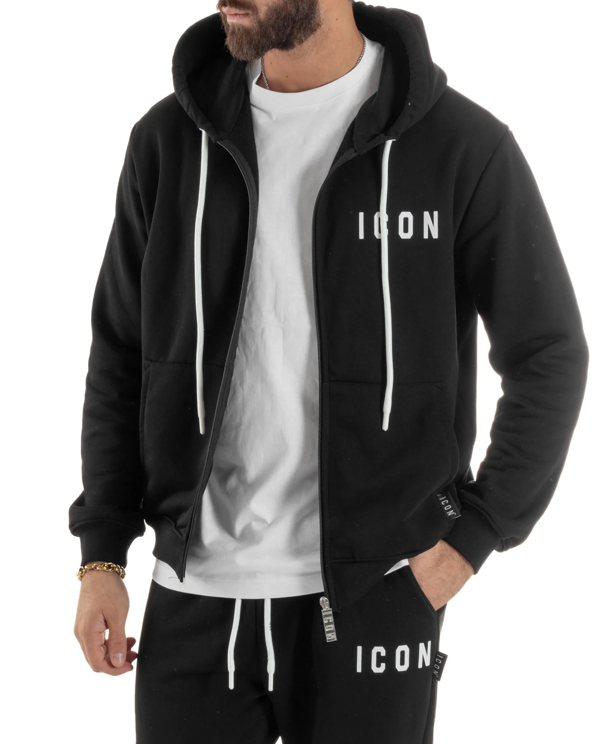 Felpa Uomo Cappuccio Zip Marsupio Stampa Regular Fit Basic Nero ICON ICUF2W6F007