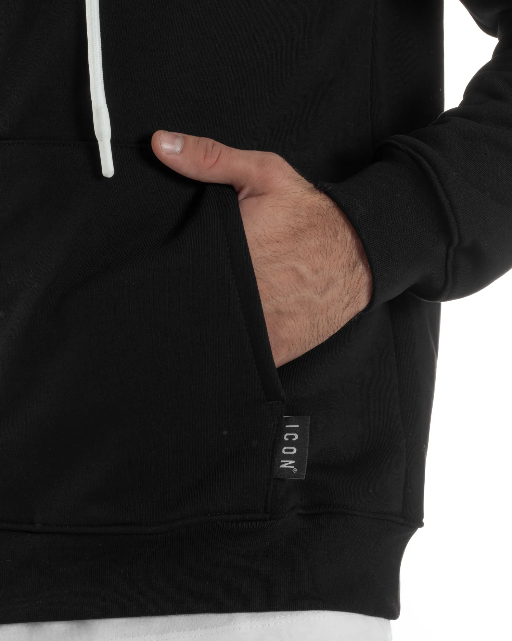 Felpa Uomo Cappuccio Zip Marsupio Stampa Regular Fit Basic Nero ICON ICUF2W6F007