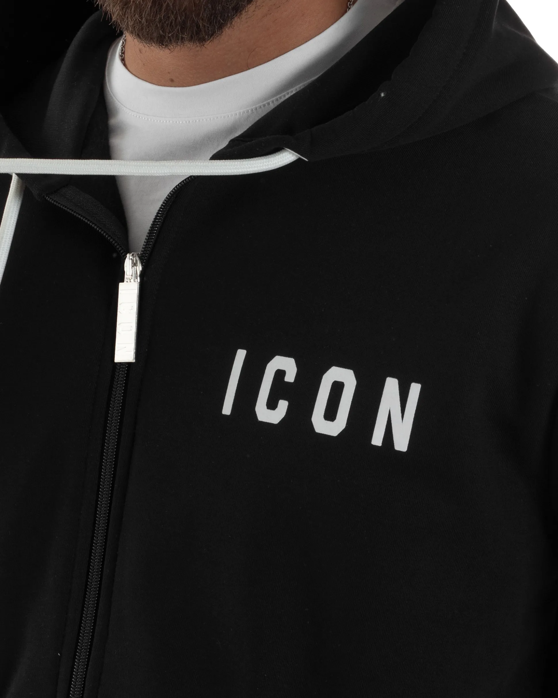 Felpa Uomo Cappuccio Zip Marsupio Stampa Regular Fit Basic Nero ICON ICUF2W6F007