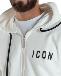 Felpa Uomo Cappuccio Zip Marsupio Stampa Regular Fit Basic Bianco ICON ICUF2W6F007
