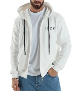 Felpa Uomo Cappuccio Zip Marsupio Stampa Regular Fit Basic Bianco ICON ICUF2W6F007