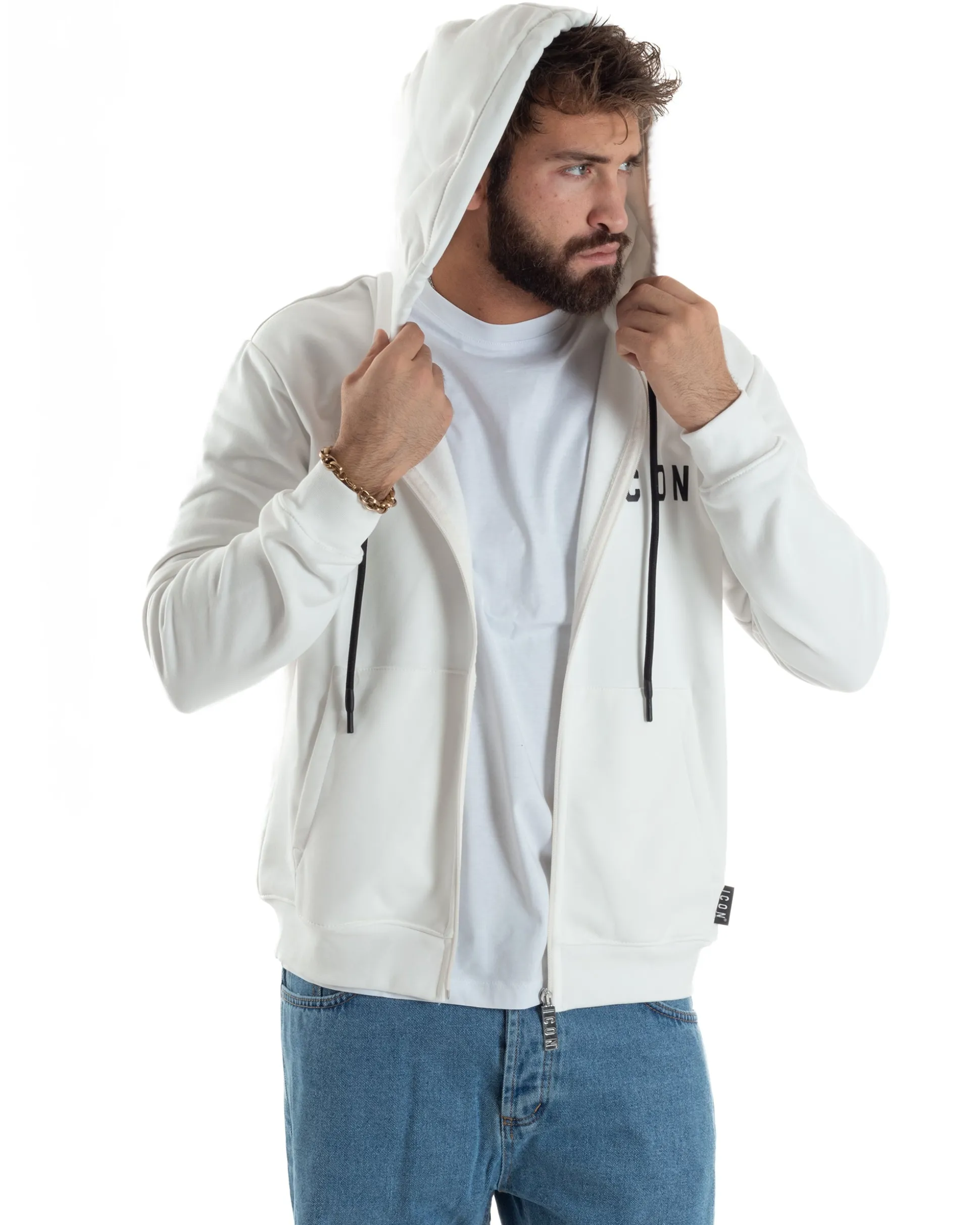 Felpa Uomo Cappuccio Zip Marsupio Stampa Regular Fit Basic Bianco ICON ICUF2W6F007