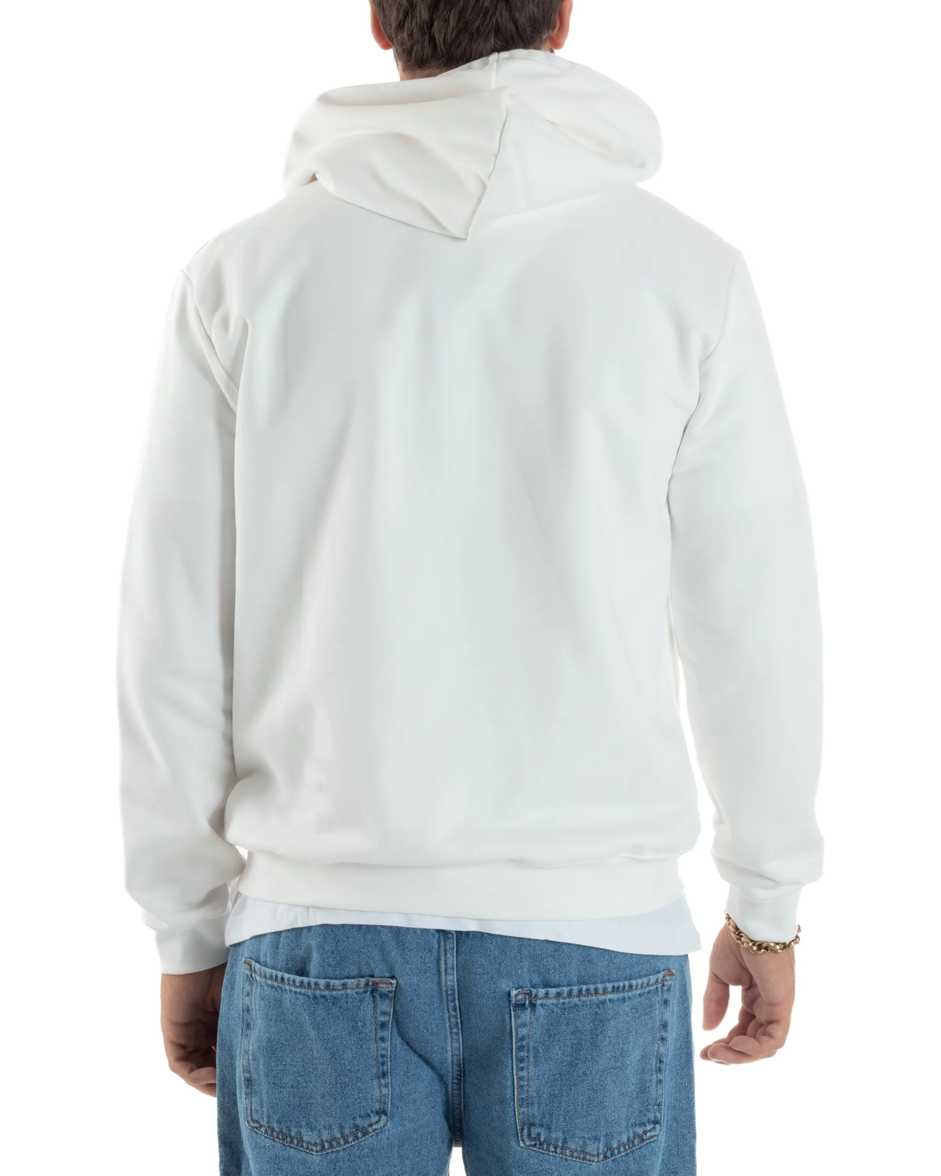 Felpa Uomo Cappuccio Zip Marsupio Stampa Regular Fit Basic Bianco ICON ICUF2W6F007
