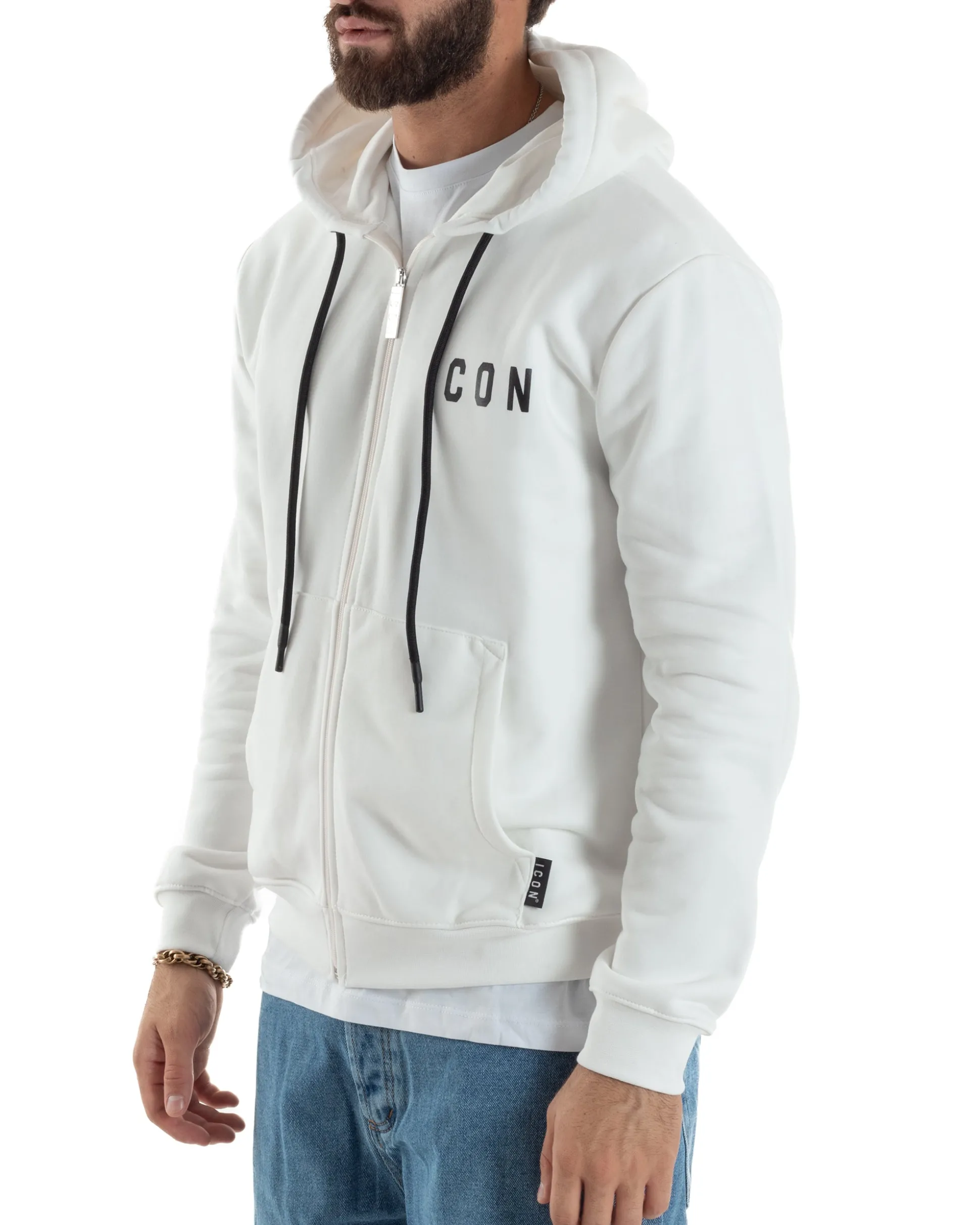 Felpa Uomo Cappuccio Zip Marsupio Stampa Regular Fit Basic Bianco ICON ICUF2W6F007