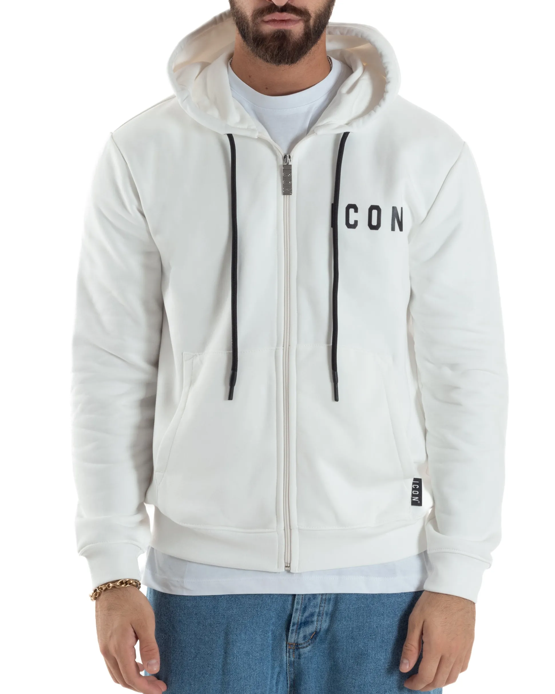 Felpa Uomo Cappuccio Zip Marsupio Stampa Regular Fit Basic Bianco ICON ICUF2W6F007