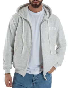 Felpa Uomo Cappuccio Zip Marsupio Stampa Regular Fit Basic Grigio Chiaro ICON ICUF2W6F007