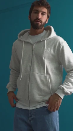 Felpa Uomo Cappuccio Zip Marsupio Stampa Regular Fit Basic Grigio Chiaro ICON ICUF2W6F007