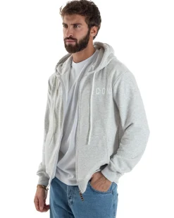 Felpa Uomo Cappuccio Zip Marsupio Stampa Regular Fit Basic Grigio Chiaro ICON ICUF2W6F007