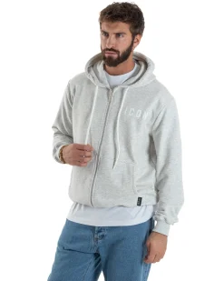 Felpa Uomo Cappuccio Zip Marsupio Stampa Regular Fit Basic Grigio Chiaro ICON ICUF2W6F007