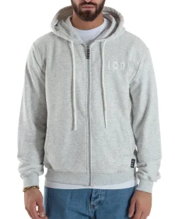 Felpa Uomo Cappuccio Zip Marsupio Stampa Regular Fit Basic Grigio Chiaro ICON ICUF2W6F007