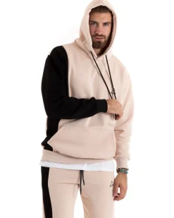 Felpa Uomo Con Cappuccio Maglia Felpata Basic Tinta Unita Bicolore Avorio Regular Fit GIOSAL-F3013A