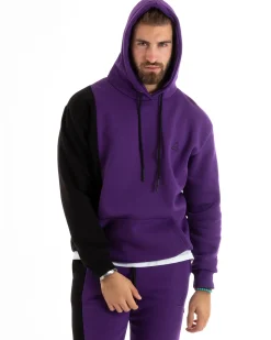 Felpa Uomo Con Cappuccio Maglia Felpata Basic Tinta Unita Bicolore Viola Regular Fit GIOSAL-F3012A