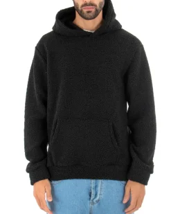 Felpa Uomo Con Cappuccio Maglia Teddy Pelliccia Tinta Unita Nero Regular Fit GIOSAL-F2892A