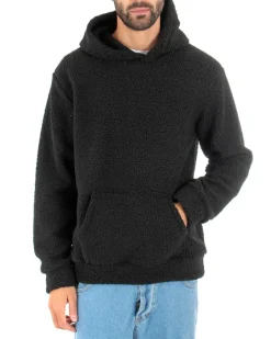 Felpa Uomo Con Cappuccio Maglia Teddy Pelliccia Tinta Unita Nero Regular Fit GIOSAL-F2892A
