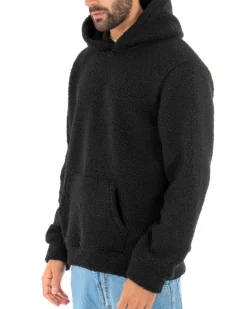 Felpa Uomo Con Cappuccio Maglia Teddy Pelliccia Tinta Unita Nero Regular Fit GIOSAL-F2892A